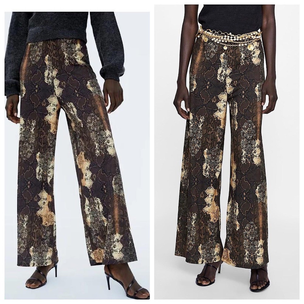 Zara Basic Wide Leg High Rise Pull On Pants Women Sz L Brown Snakeskin Print